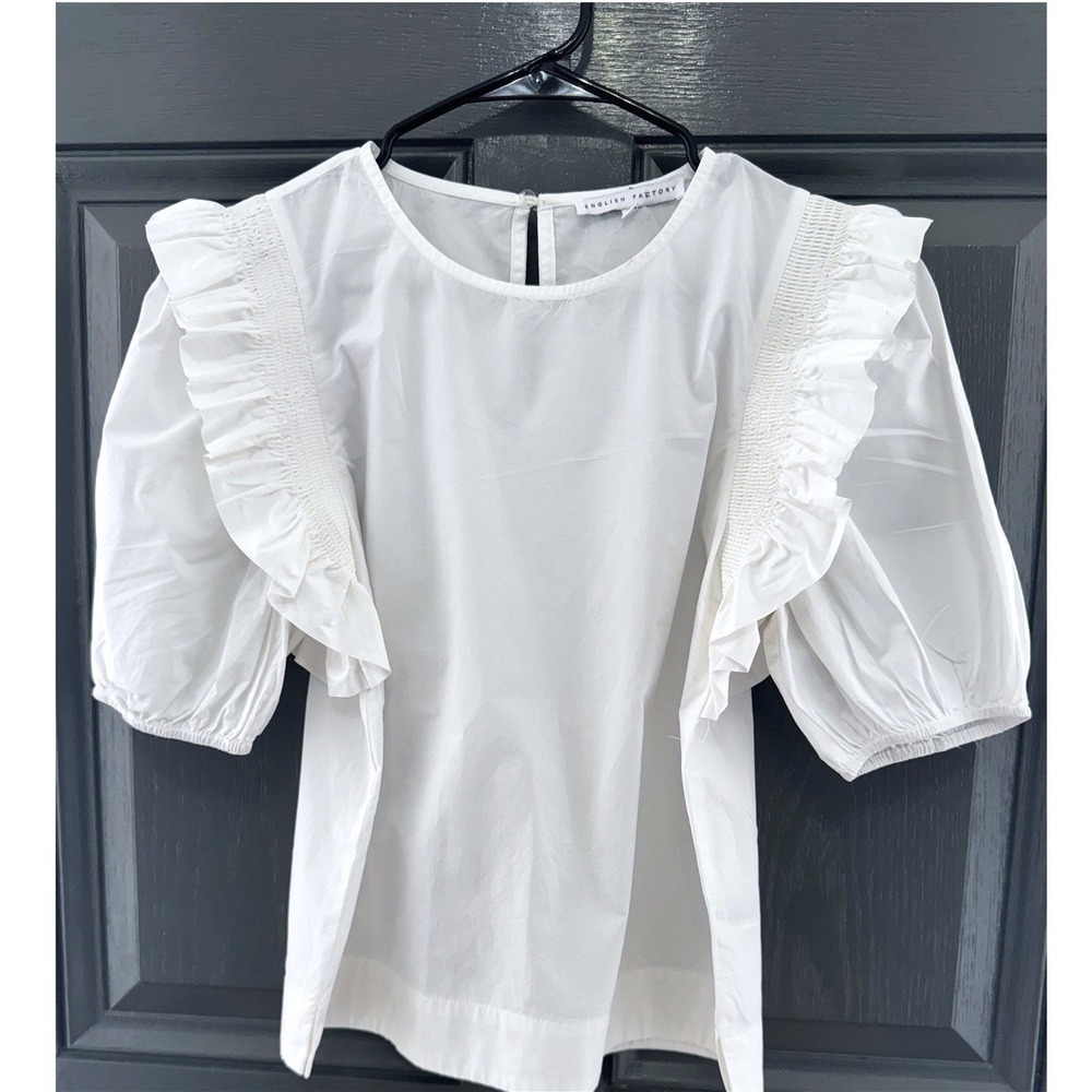 100% Cotton Ruffle Smocked Blouse Womens Small White Puff Sleeve Cottagecore